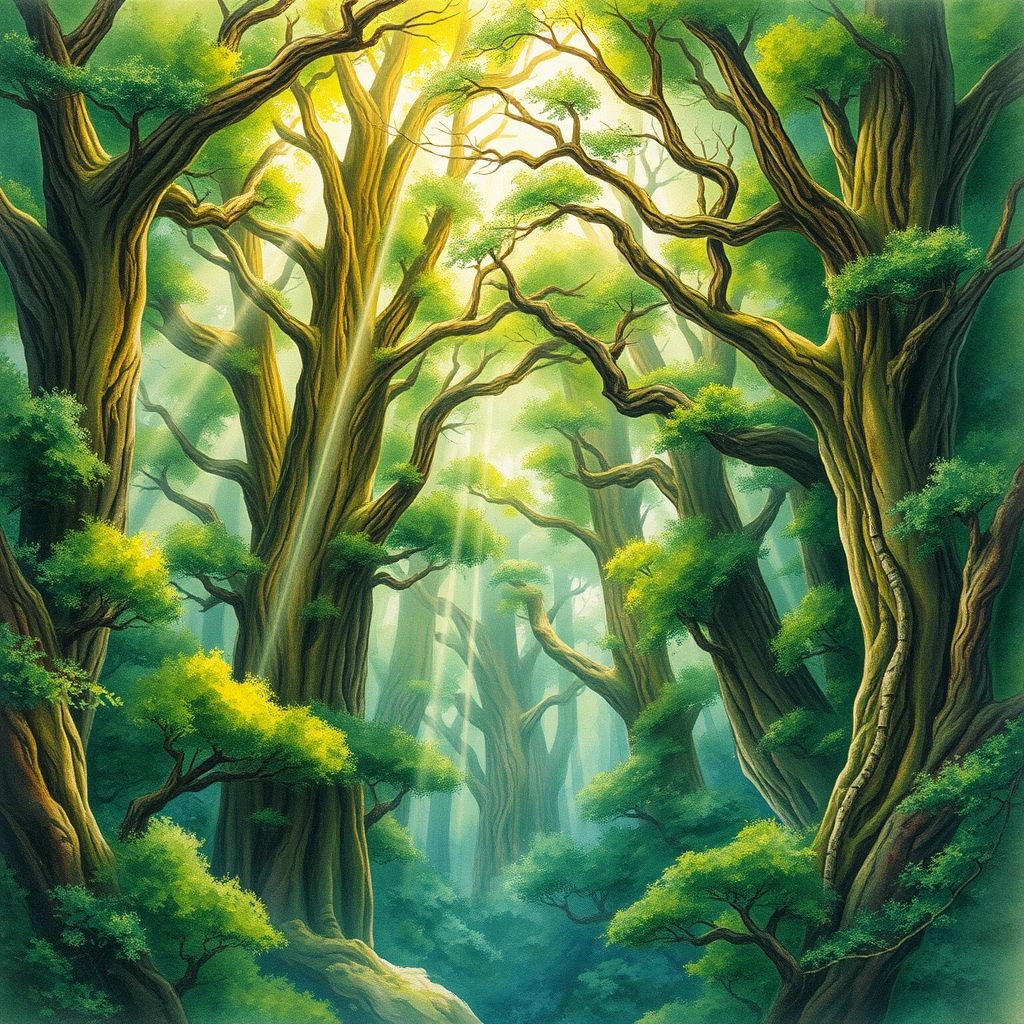 Una exuberante ilustración de acuarela del Bosque de Fangorn, con árboles altos y enmarañados y tenues rayos de luz que se filtran a través del dosel, al estilo de Alan Lee.