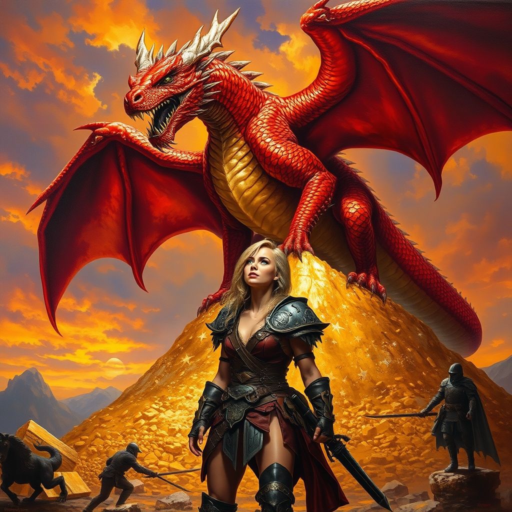 Una pintura realista al óleo de un dragón musculoso, rojo escarlata, posado sobre una montaña de oro, con una guerrera rubia en armadura de cuero mirándolo con audacia, al estilo de Boris Vallejo.