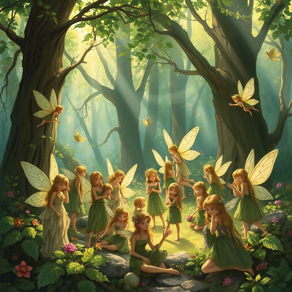 Una ilustración caprichosa y detallada de una reunión de hadas en un bosque mágico, con diversas hadas vestidas con ropa de colores tierra y adornos naturales, al estilo de Brian Froud y Alan Lee.