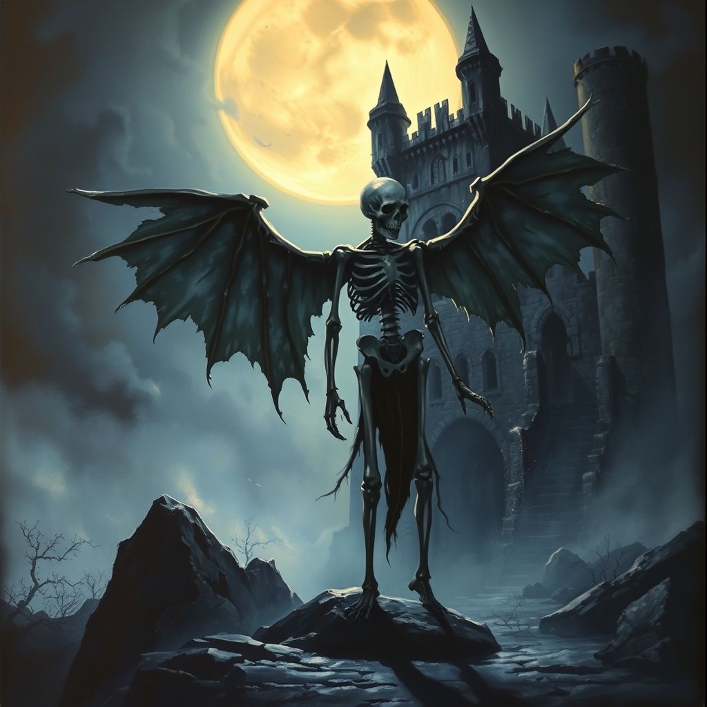 Una pintura al óleo de fantasía oscura y atmosférica de una figura esquelética con alas andrajosas parada frente a un castillo en ruinas bajo una luna llena, al estilo de Brom.