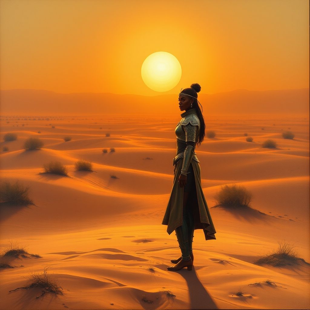 Una pintura al óleo realista de una guerrera con armadura intrincada inspirada en la mitología de África Occidental, parada en un paisaje desértico iluminado por un sol poniente, al estilo de Donato Giancola.