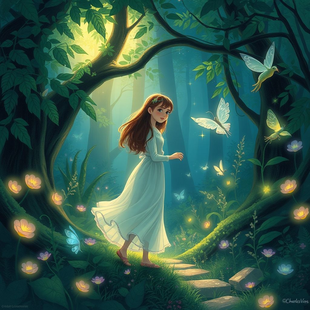 Una ilustración caprichosa y detallada de una joven paseando por un bosque encantado, rodeada de criaturas míticas y plantas brillantes, al estilo de Charles Vess.