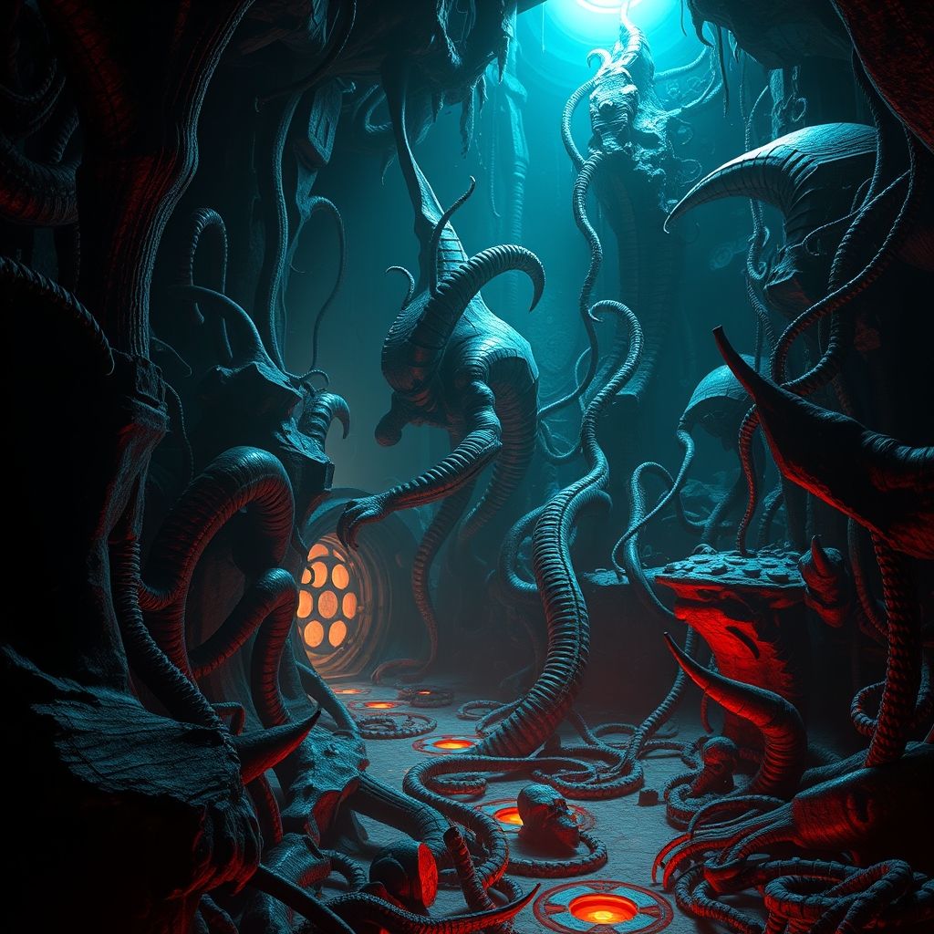 Una representación biomecánica surrealista y oscura de un paisaje alienígena, con estructuras orgánicas y mecánicas entrelazadas en un intrincado diseño, al estilo de HR Giger, inspirado en los conceptos de 'Dune'.