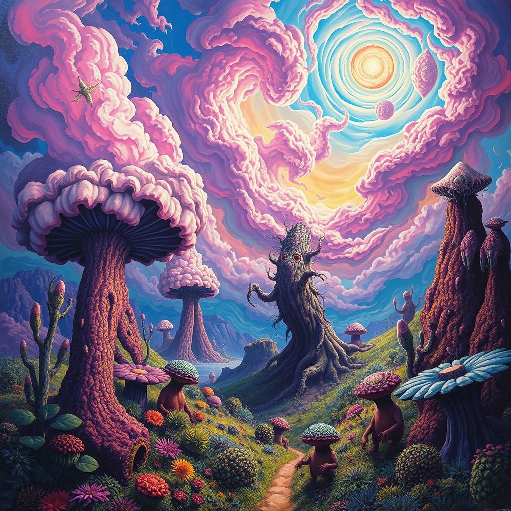 Una pintura surrealista y psicodélica de un paisaje fantástico, con colores vibrantes, formas ondulantes y una sensación de trascendencia espiritual, al estilo de Mati Klarwein.
