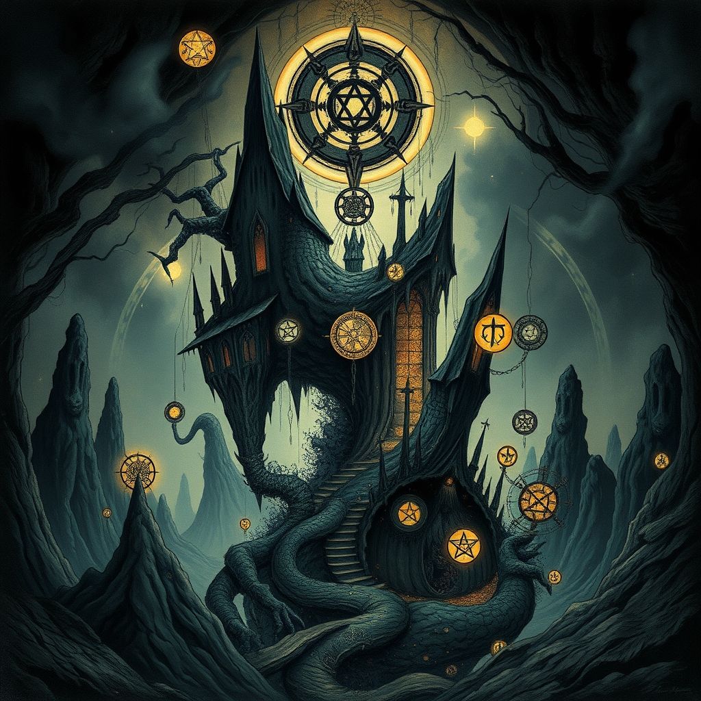 Un dibujo ocultista oscuro y simbólico que presenta formas distorsionadas, símbolos crípticos y una sensación de misticismo, al estilo de Austin Osman Spare.