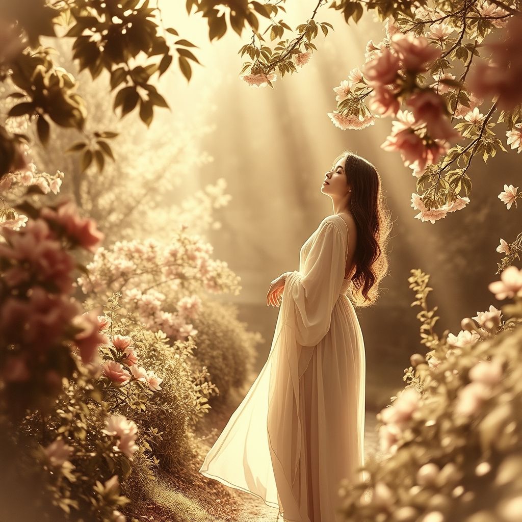 Fotografía pictorialista de una mujer en un jardín, con enfoque suave y tonos sepia.