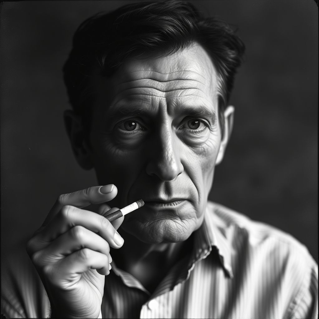 Fotografía de Edward Steichen, retrato en blanco y negro, con un cigarrillo en la mano.