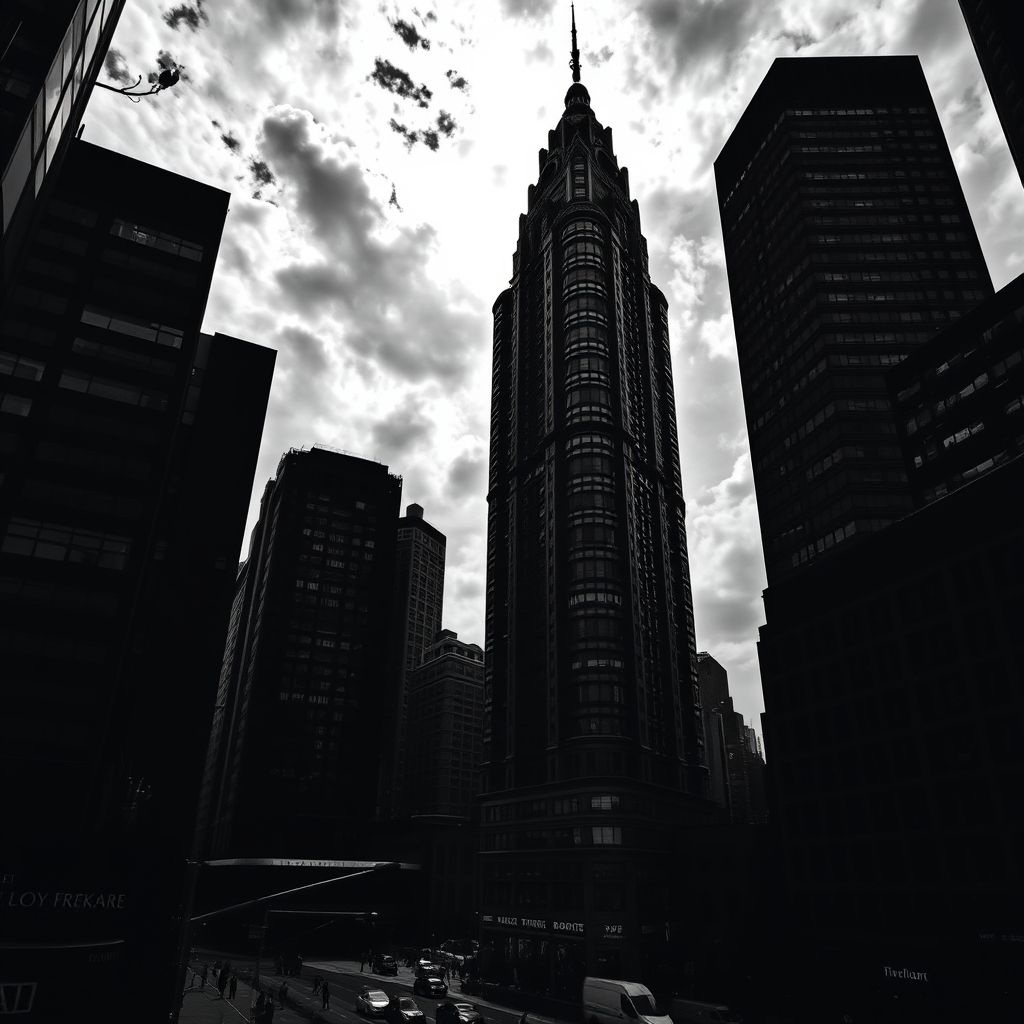 Fotografía directa en blanco y negro de un paisaje urbano, con enfoque nítido y alto contraste.