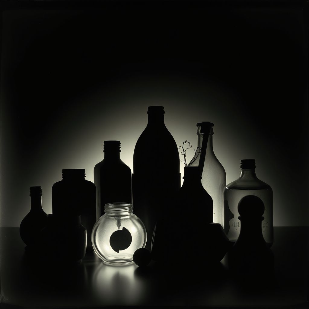 Rayografía de Man Ray, mostrando objetos abstractos sobre un fondo negro.