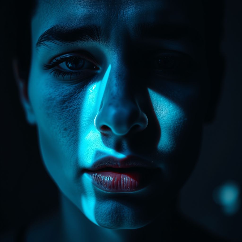 Fotografía solarizada de un rostro humano, con contornos invertidos y efectos tonales extraños.