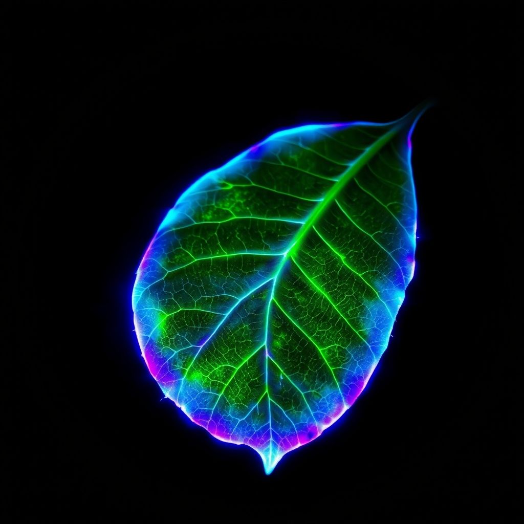 Fotografía Kirlian de una hoja, mostrando un aura luminosa alrededor de sus bordes.