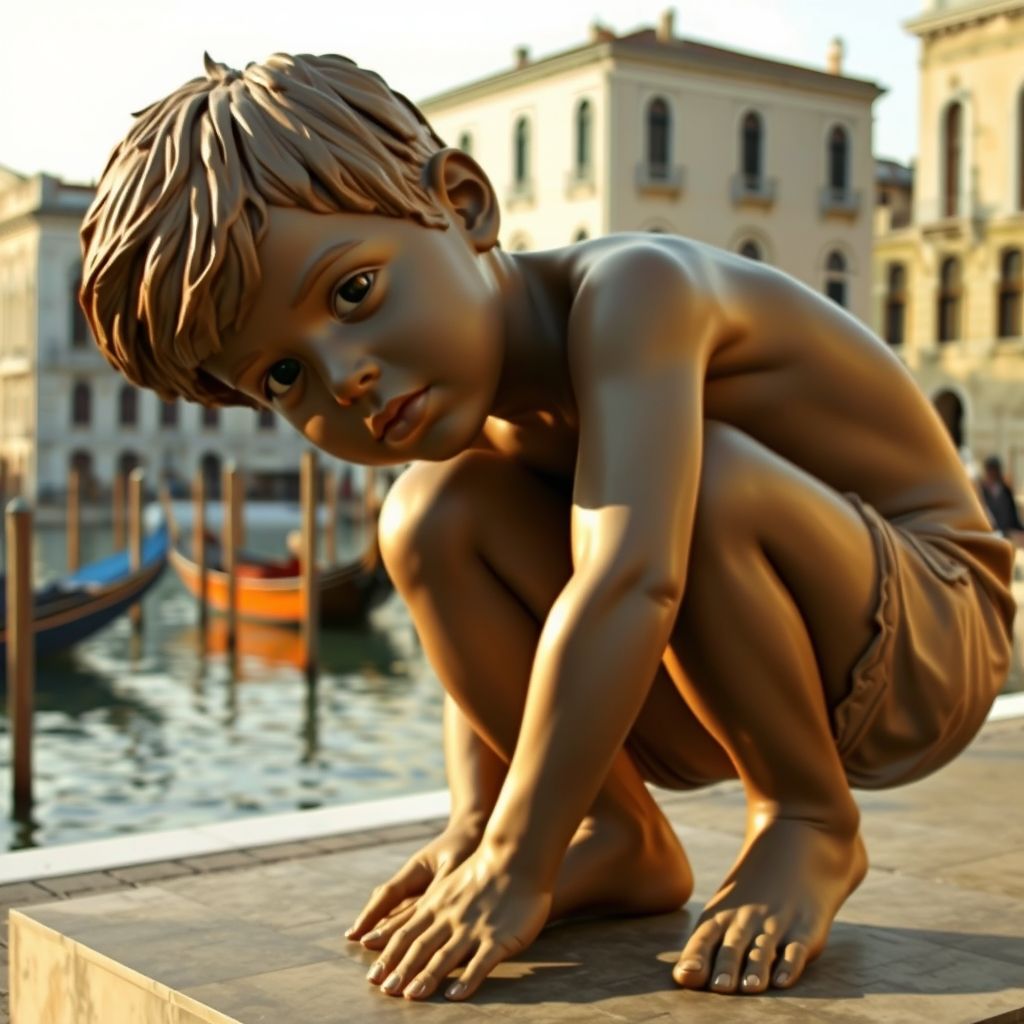 A giant hyperrealistic sculpture of a crouching boy by Ron Mueck, exhibited at the Venice Biennale 2001.