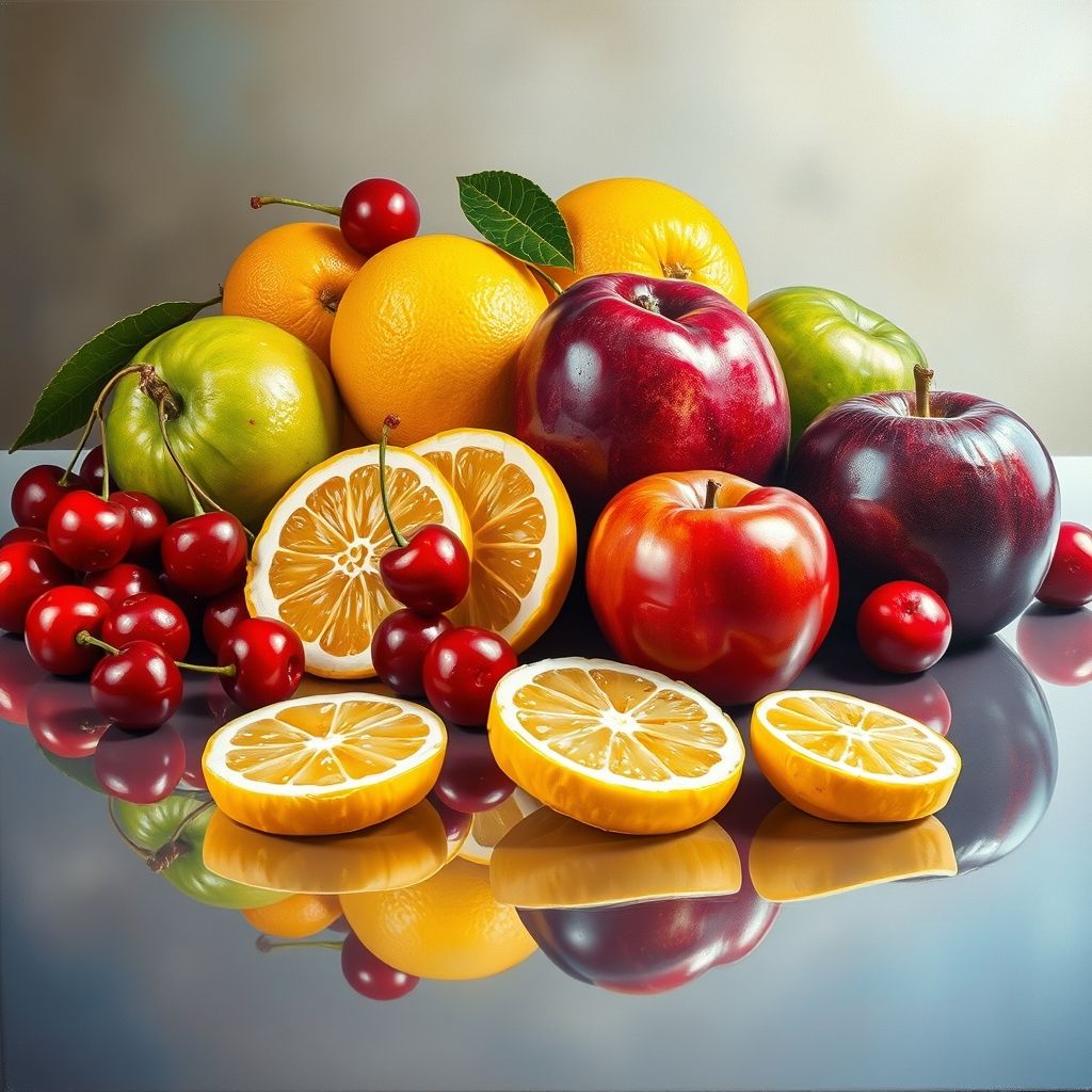 A hyperrealistic oil painting of shiny fruits by Roberto Bernardi, showcasing reflections and vibrant colors.