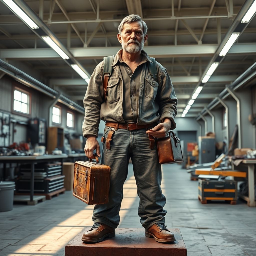 A hyperrealistic sculpture by Duane Hanson depicting an ordinary working-class person with real-life accessories.
