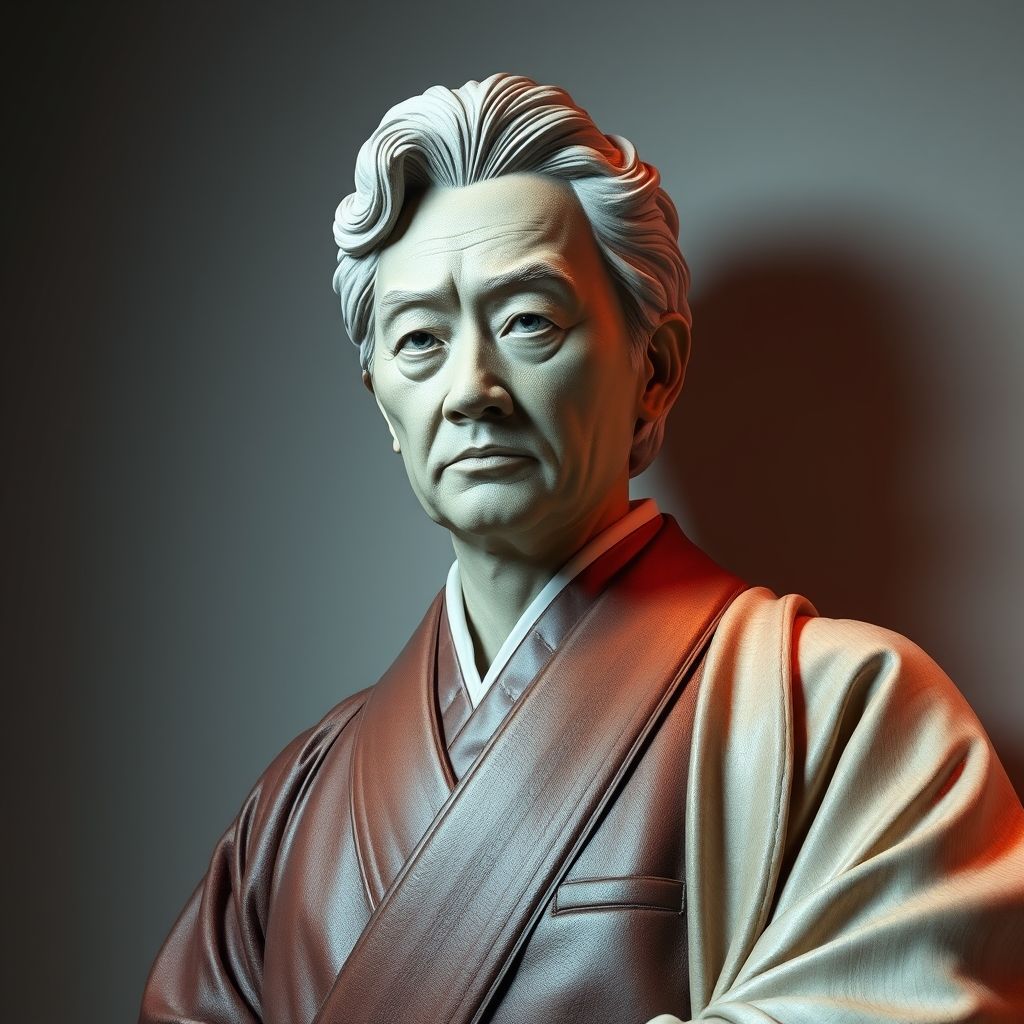 A hyperrealistic sculpture of a historical figure by Kazuhiro Tsuji, created using digital techniques.