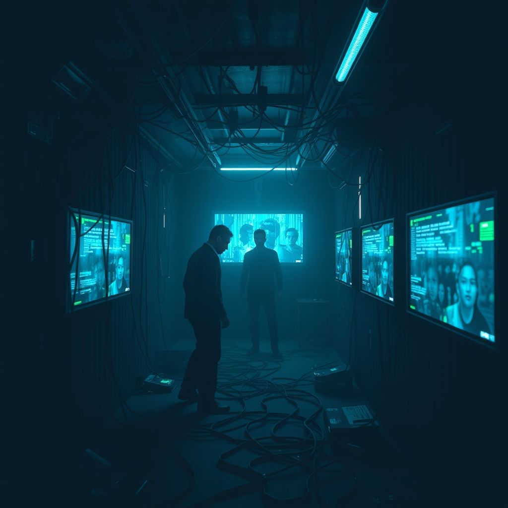 A hyperrealistic image with visible glitches and artifacts associated with AI-generated art, hinting at a conspiracy theory.