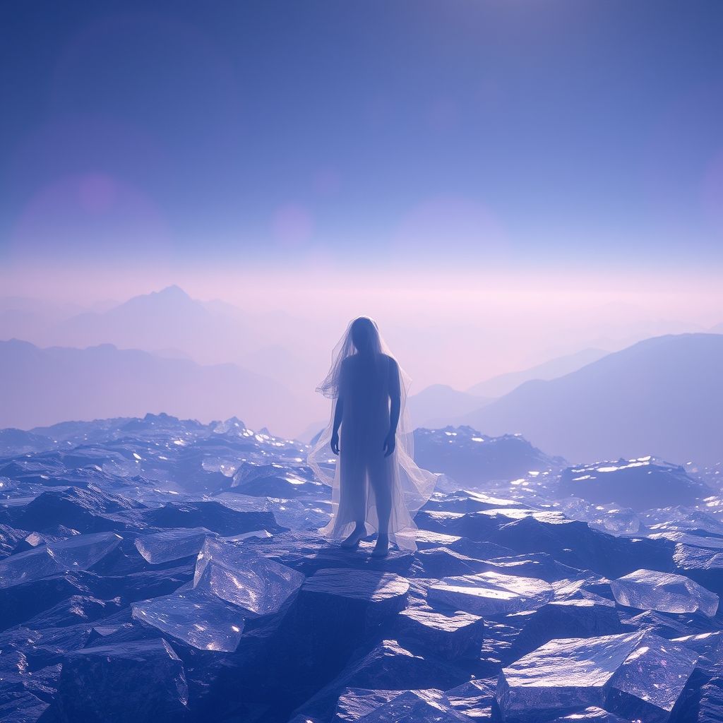 A hyperrealistic simulation environment with a faint, distorted figure representing transferred consciousness.