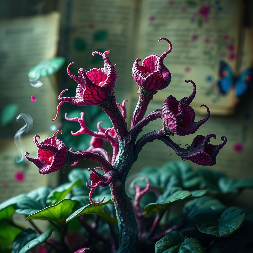 An illustration of a bizarre, unidentifiable plant from the Voynich Manuscript, rendered in a hyperrealistic style.