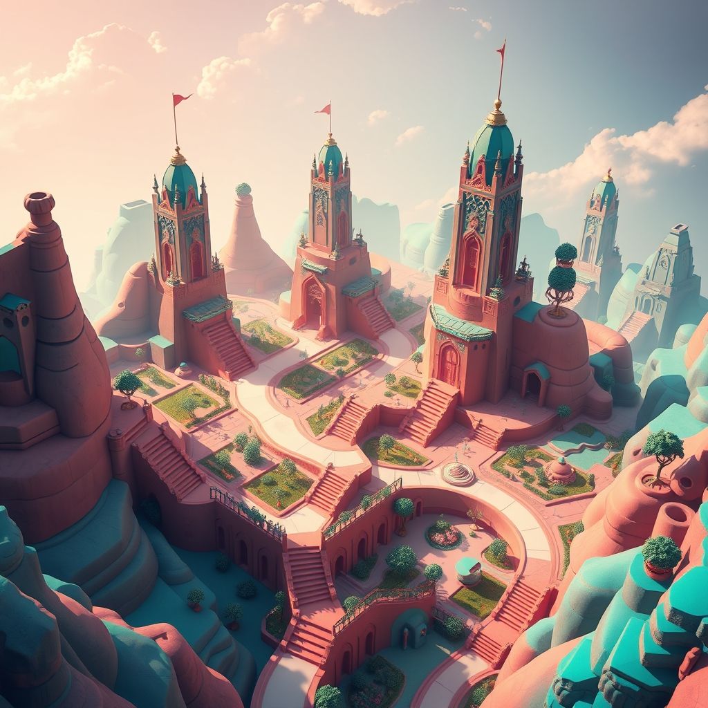 Captura de pantalla del videojuego Monument Valley que muestra su distintivo estilo isométrico y su arquitectura de ilusión óptica.