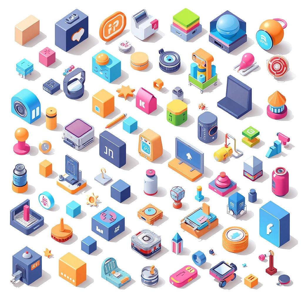 Colección de iconos isométricos que representan varios objetos y conceptos, mostrando su estilo tridimensional y su uso en el diseño de interfaces.