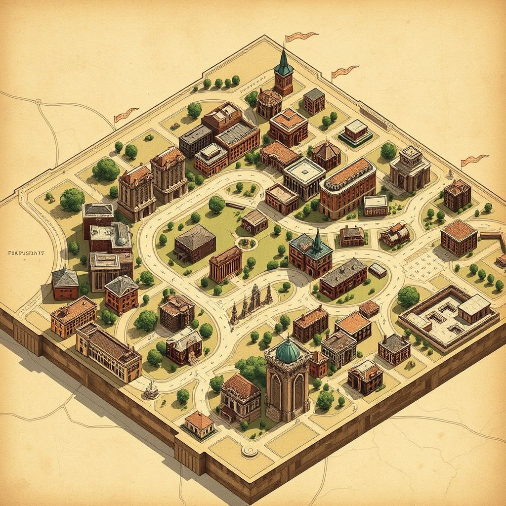 Un mapa isométrico antiguo que muestra un diseño propuesto para una ciudad o barrio, utilizado en la planificación urbana del siglo XX.