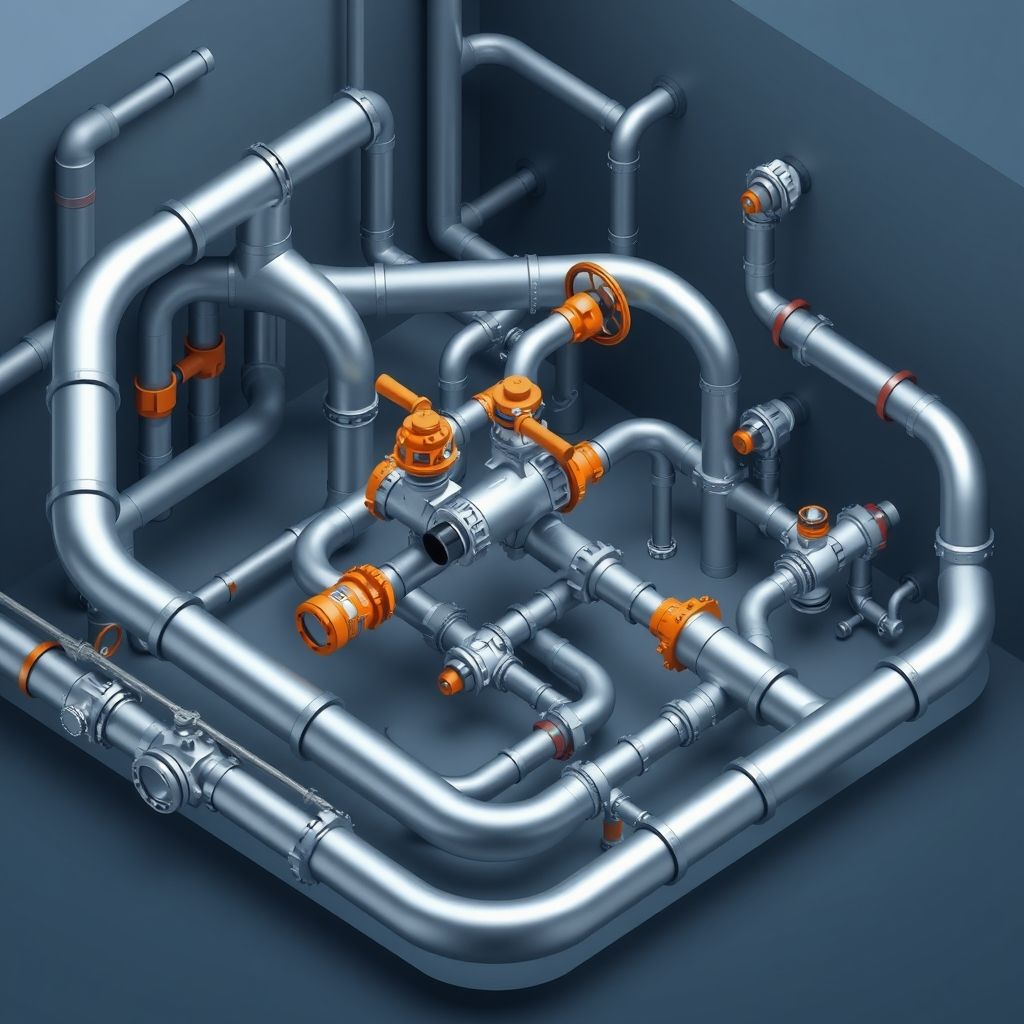 Un diagrama de tuberías isométrico que muestra la disposición espacial de las tuberías, las válvulas y los accesorios en un sistema complejo.