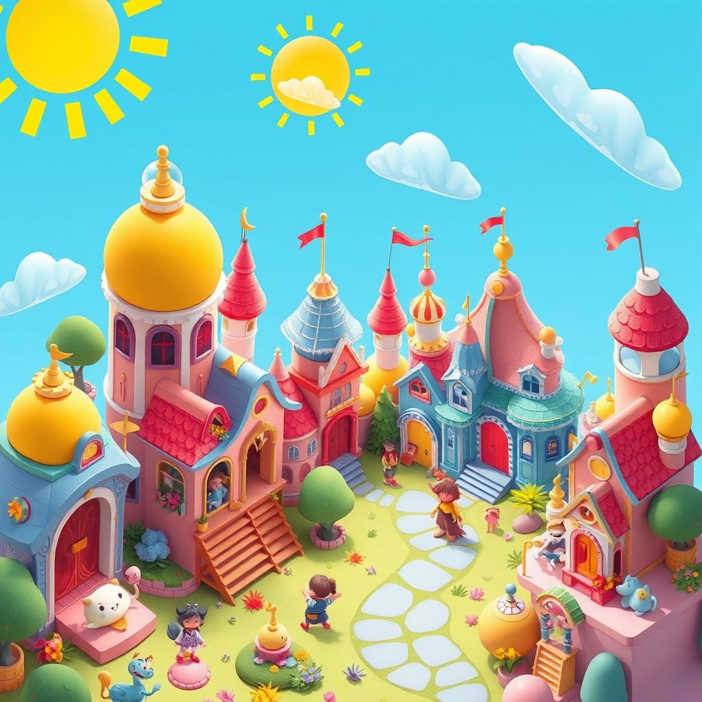 Una ilustración isométrica de un libro infantil que muestra un mundo imaginario con edificios, personajes y objetos representados en perspectiva isométrica.