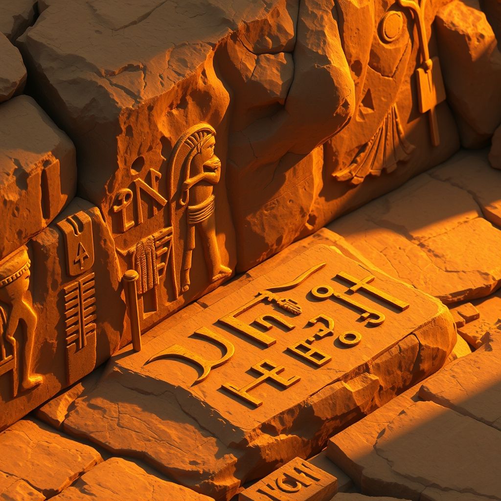 Un ejemplo de jeroglíficos egipcios o runas nórdicas interpretados utilizando principios isométricos, mostrando cómo los símbolos pueden representar objetos o conceptos en una vista isométrica simplificada.