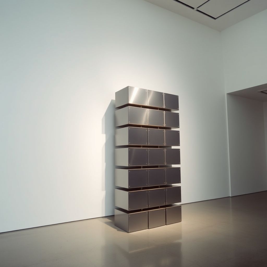Una fotografía de la escultura 'Untitled (Stack)' de Donald Judd, mostrando las cajas de metal apiladas verticalmente contra una pared de galería blanca.