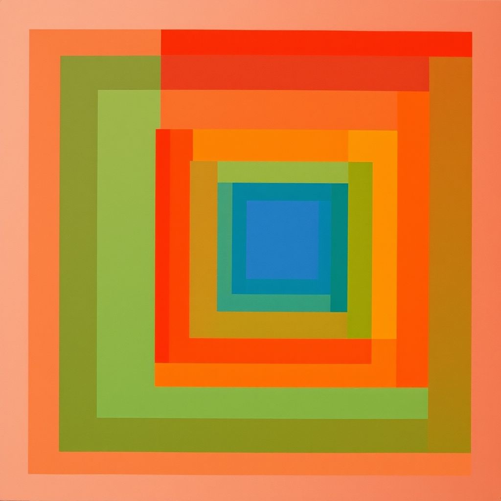 Una pintura de Josef Albers de su serie 'Homenaje al cuadrado', mostrando cuadrados concéntricos de diferentes colores interactuando entre sí.