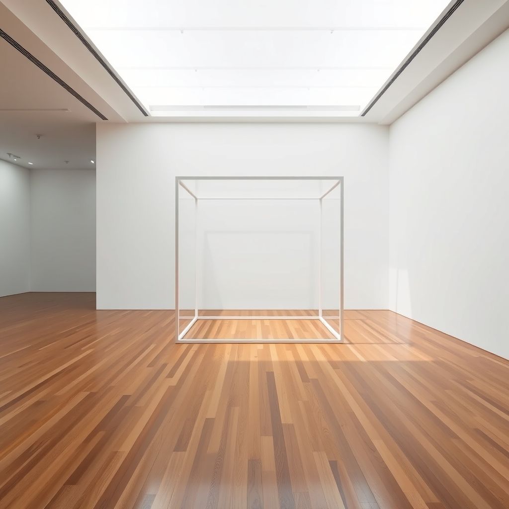 Una fotografía de una de las estructuras cúbicas de acero blanco de Sol LeWitt, mostrada en un entorno de galería.