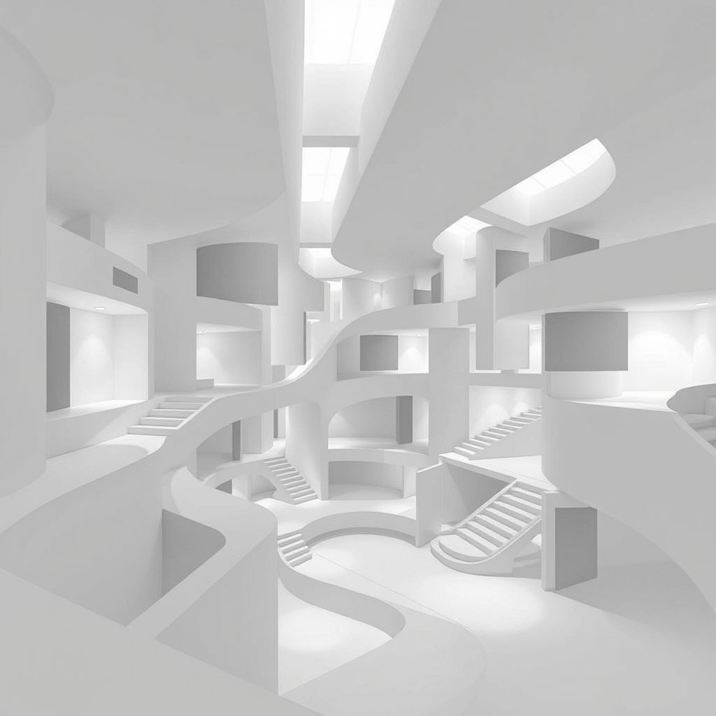 Un diagrama arquitectónico o boceto conceptual del proyecto 'Teatro Total' de Robert Morris para la Tate Gallery, mostrando las estructuras laberínticas previstas.