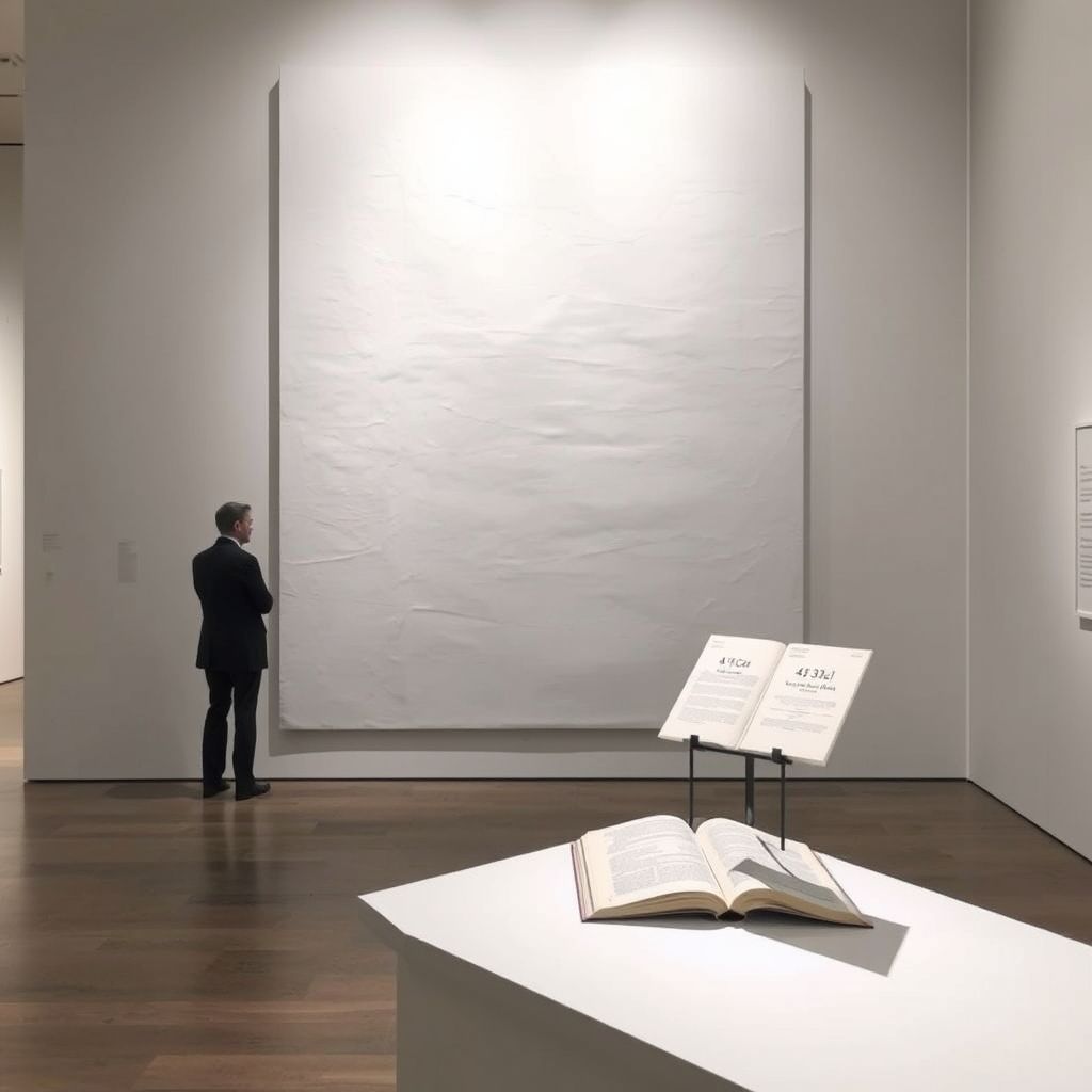 Una fotografía de una de las 'Pinturas Blancas' de Robert Rauschenberg, mostrada en una galería. Alternativamente, una fotografía de una partitura de '4'33'' de John Cage.