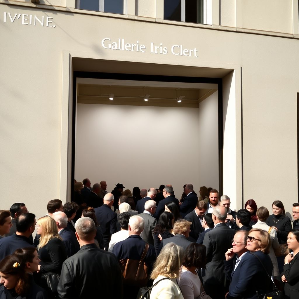 Una fotografía del exterior de la Galerie Iris Clert durante la exposición 'Le Vide' de Yves Klein, mostrando la multitud reunida fuera de la galería vacía.