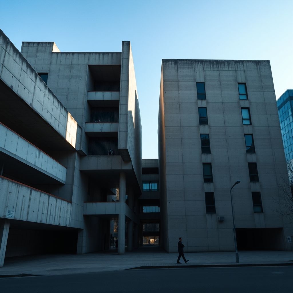 Una fotografía del Barbican Centre de Londres o del Habitat 67 de Montreal, mostrando su austera estética brutalista y sus formas geométricas.