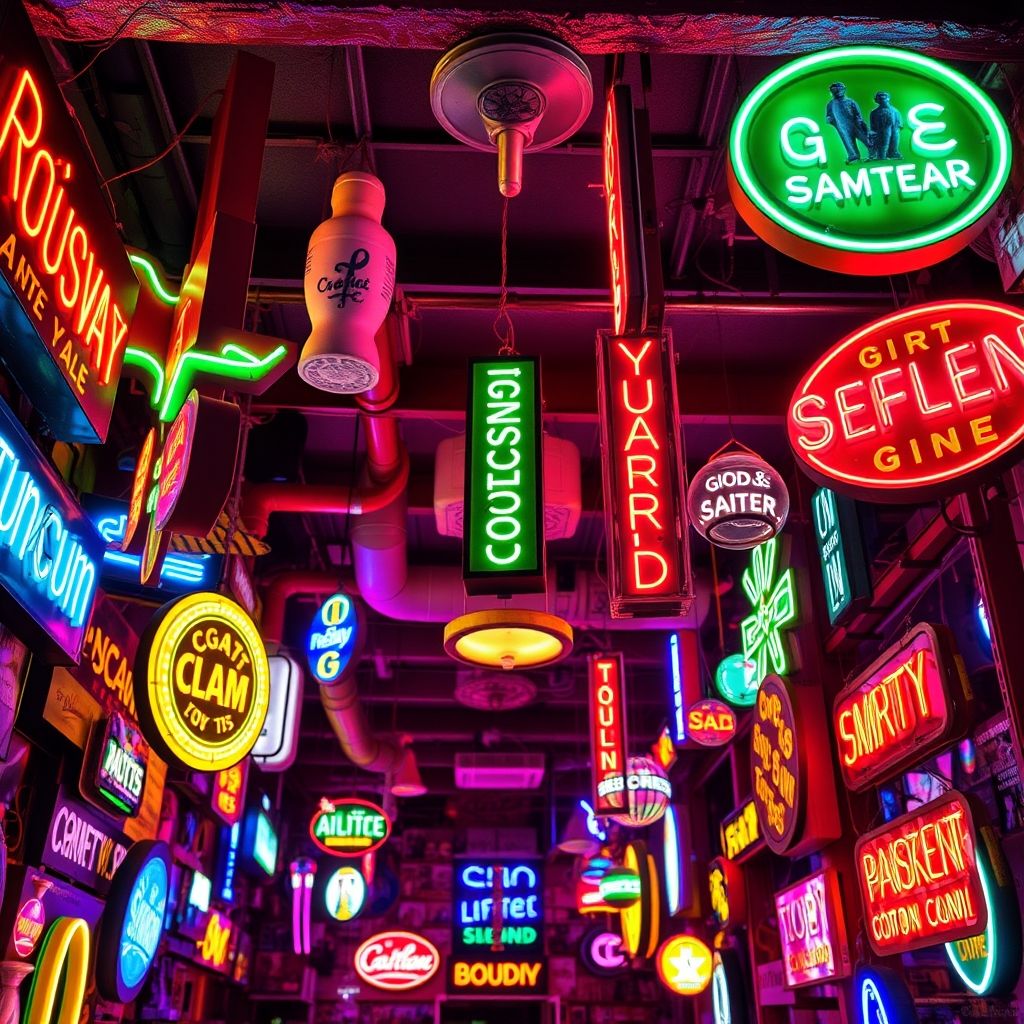 Una vista interior de God's Own Junkyard, mostrando una densa colección de letreros de neón multicolores colgando del techo y cubriendo las paredes.