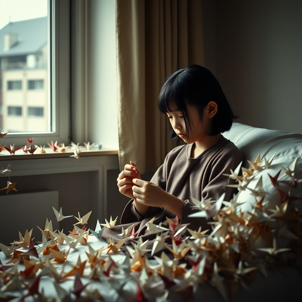 Una niña japonesa, Sadako Sasaki, en un hospital doblando una grulla de papel, con muchas grullas terminadas a su alrededor. Fondo: Hiroshima en la posguerra.