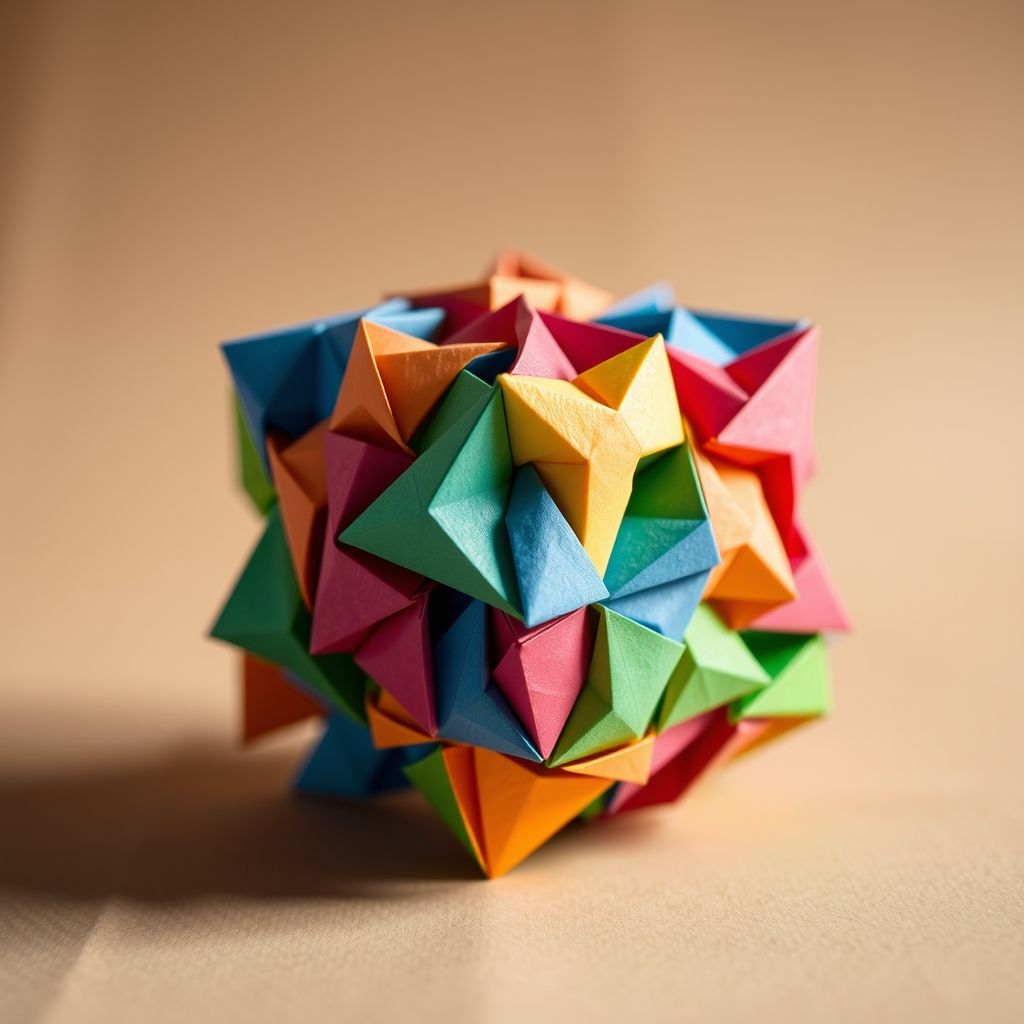 Una fotografía de primer plano de un cubo de origami modular intrincado y colorido. Los módulos individuales son claramente visibles y encajan perfectamente. Fondo neutro.