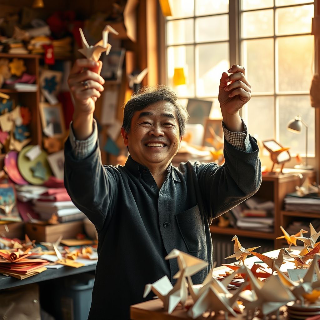 Un retrato de Akira Yoshizawa, sonriendo y sosteniendo una compleja figura de origami. Fondo: un taller de origami lleno de papeles y modelos.