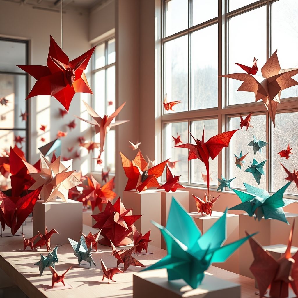 Una imagen que muestre una exhibición de complejas esculturas de origami en Origamido Studio. Los modelos deben ser de diversos tamaños y colores, mostrando las posibilidades de la combinación de origami y papel hecho a mano.