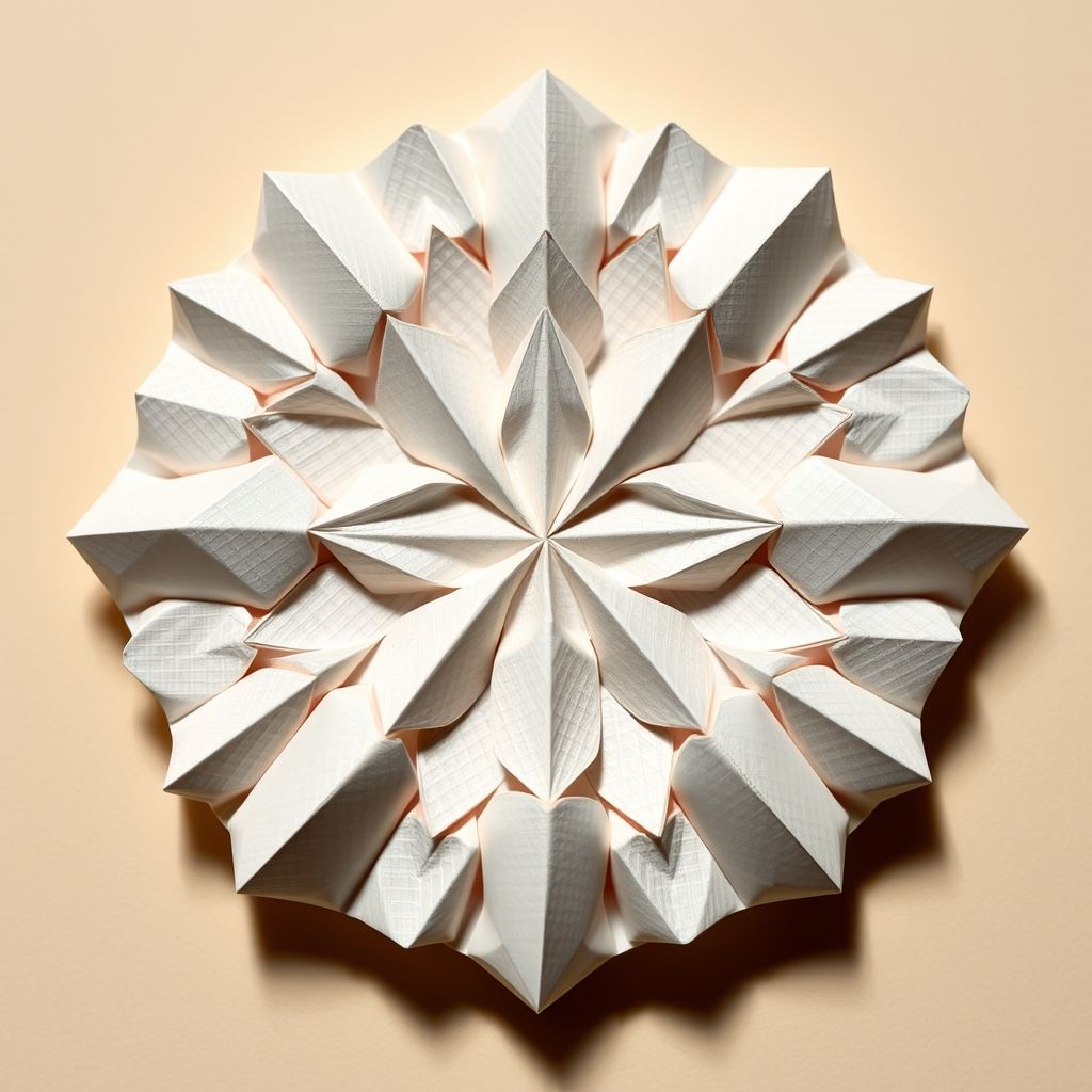 Una fotografía macro de una intrincada teselación de origami. El patrón repetitivo debe ser claramente visible y los pliegues deben estar limpios y precisos. Los reflejos de luz resaltan la textura del papel.