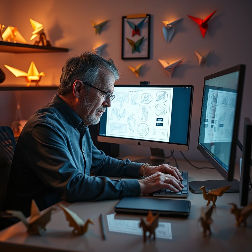Robert J. Lang trabajando en un ordenador, mostrando un diseño de origami complejo en la pantalla. A su alrededor, hay varios modelos de origami terminados de alta complejidad. 