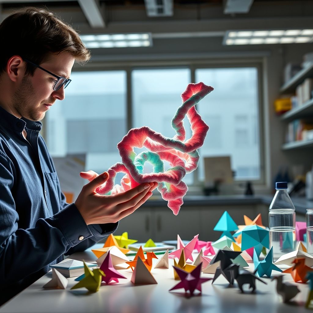 Una visualización gráfica que muestra una estructura de proteína compleja plegándose siguiendo patrones similares a los del origami. En primer plano, aparecen Erik y Martin Demaine trabajando en modelos de origami.