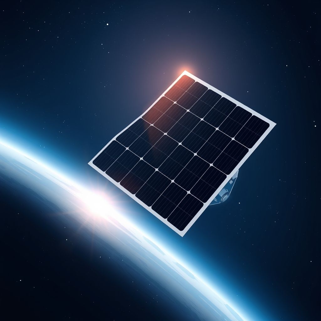 Una ilustración de un satélite en el espacio desplegando un panel solar basado en principios de origami. El panel solar se despliega suavemente, mostrando la precisión de los pliegues.
