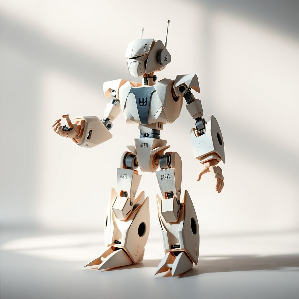 Un robot de origami plegado que se transforma en diferentes formas, mostrando su versatilidad y capacidad de adaptación. El robot está hecho de materiales ligeros y flexibles, con articulaciones que se doblan siguiendo patrones de origami.
