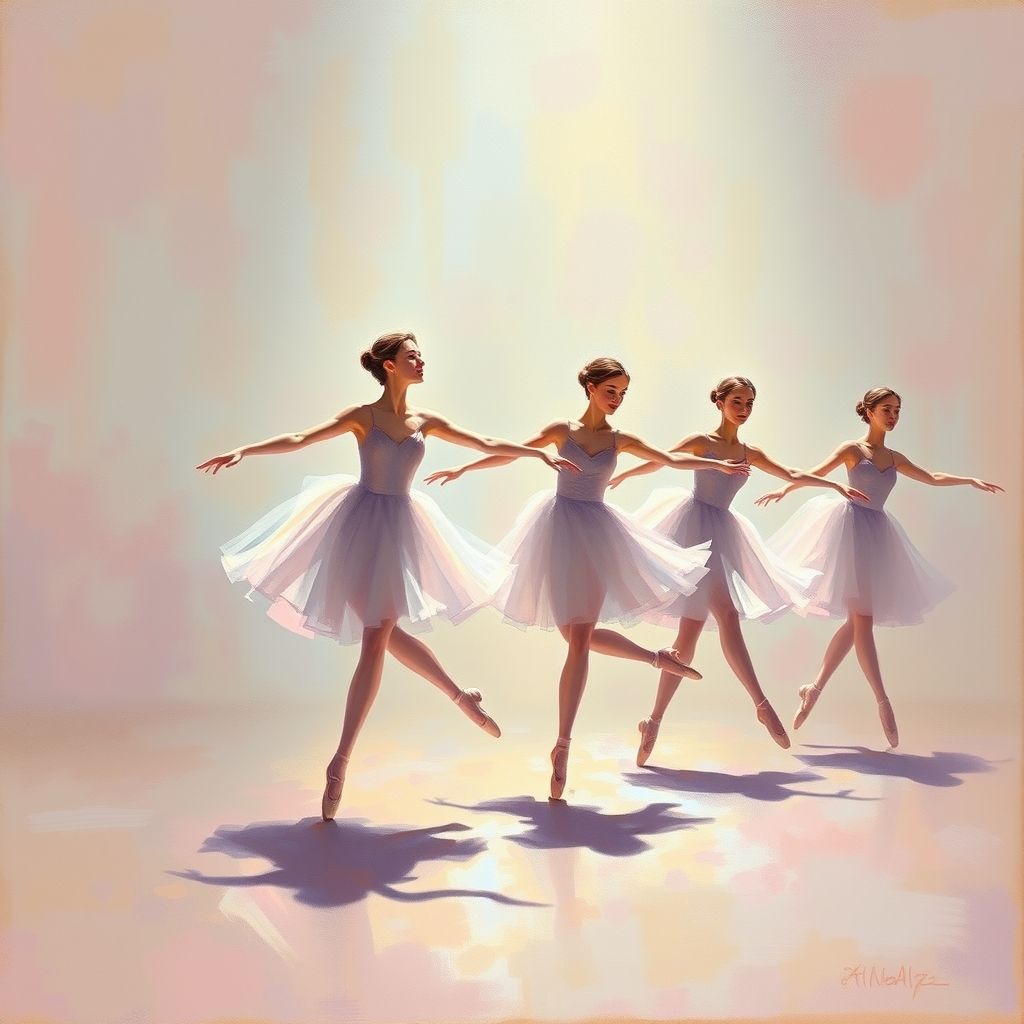 Una pintura impresionista de Edgar Degas que representa bailarinas de ballet en tonos pastel suaves, capturando su movimiento y gracia en un escenario tenuemente iluminado.