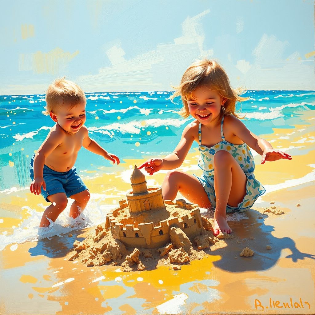 Una pintura impresionista de Mary Cassatt que representa a dos niños jugando en una playa soleada, con un enfoque en las interacciones entre los niños y los colores brillantes del entorno costero.