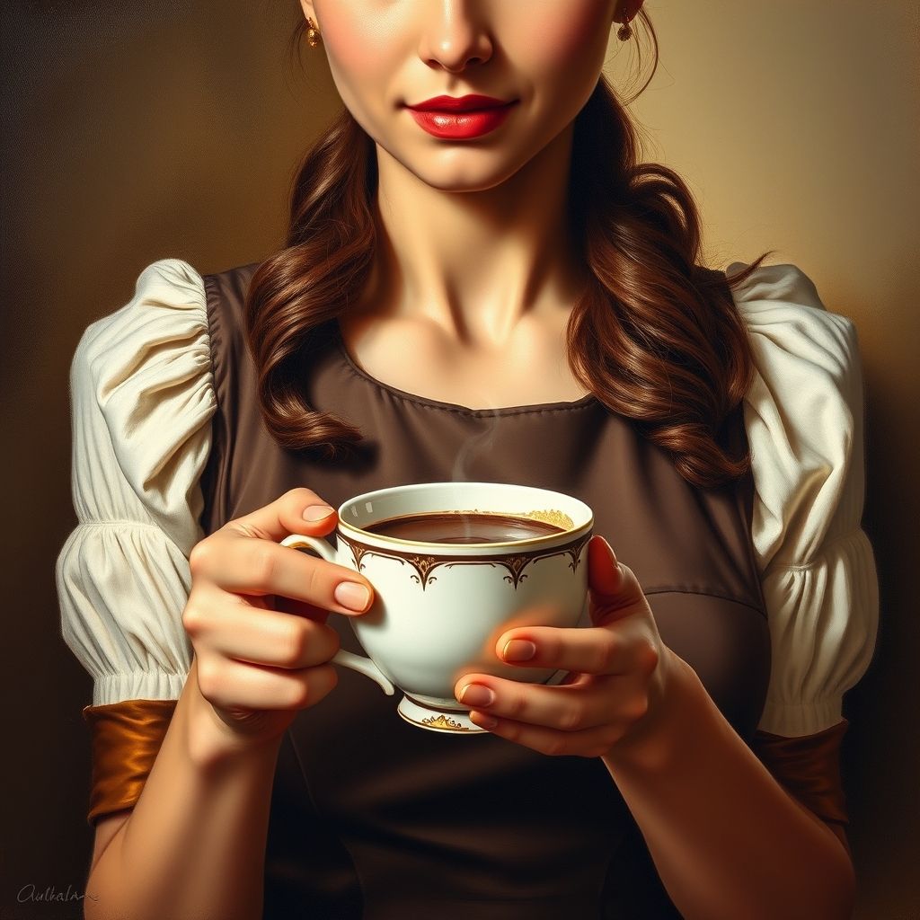 Un retrato al pastel de Jean-Étienne Liotard de 'La Chocolatière', que muestra una camarera sosteniendo una taza de chocolate con un enfoque en los detalles realistas y los delicados matices.