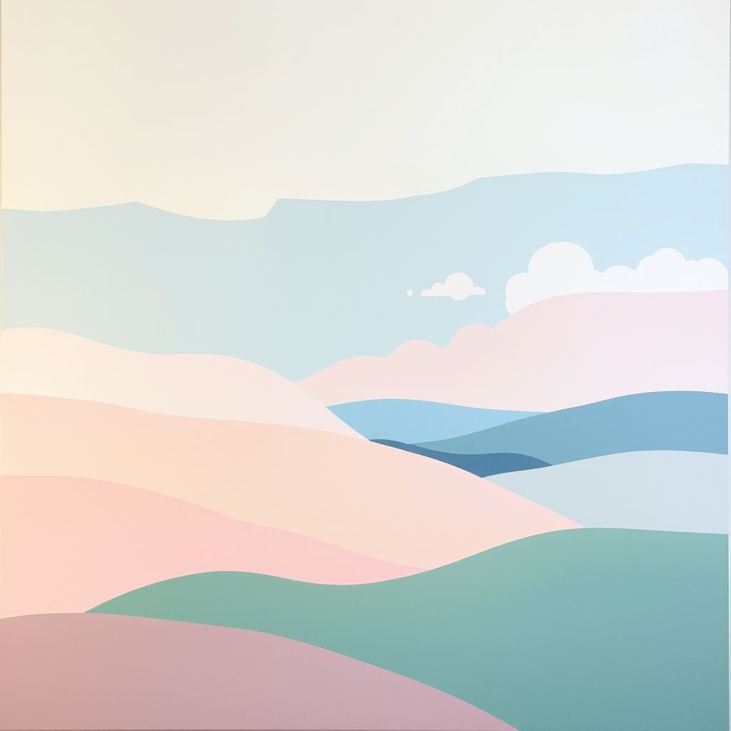 Un paisaje abstracto de Milton Avery en tonos pastel, que muestra amplias áreas de color plano y formas simplificadas para capturar la esencia de una escena natural.