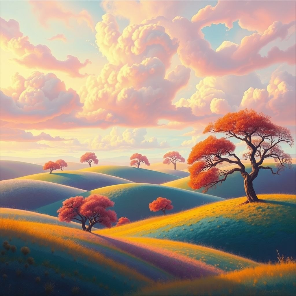 Un paisaje al pastel de Julius LeBlanc Stewart con una calidad de ensueño y fantástica, que muestra colores irreales, composiciones imaginativas y una sensación de misterio.